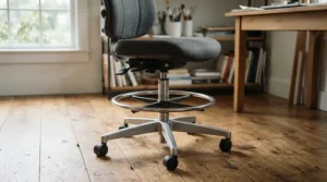 Close-up of the integrated foot ring on a smart draughtsman chair for posture support