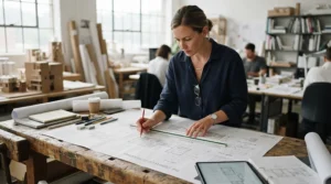 An ergonomic draughtsman chair for standing desk used by an architect reviewing blueprints.