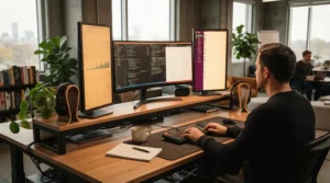 A heavy-duty draughtsman chair for standing desk paired with a dual-screen computer setup.