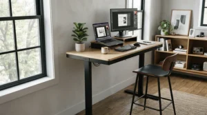 A stylish draughtsman chair for standing desk in a clean, minimalist corporate workspace.