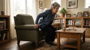 A person shifting positions while using a draughtsman chair for standing desk during a busy workday.