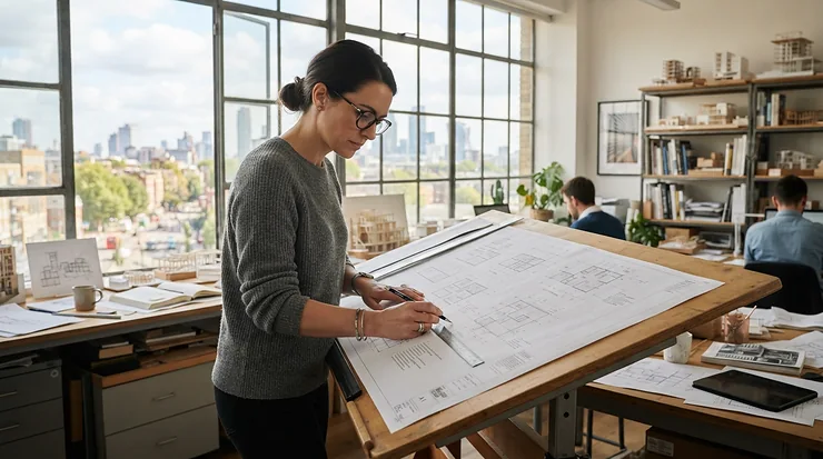 An architect sketching blueprints while sitting on a comfortable draughtsman chair in a bright London studio