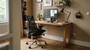 A draughtsman chair integrated into a cosy home office corner with dual monitors