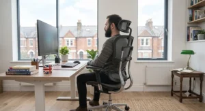 Full view of an ergonomic computer chair for a tall person styled in a British home office setup