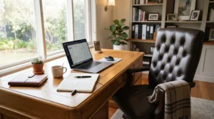 An ergonomic executive chair for home office configuration featuring a dark wood desk and laptop.