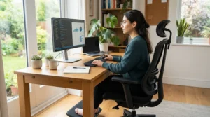 An adjustable executive office chair designed for comfort during long working hours in a study