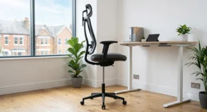 Side view of a tall ergonomic executive office chair raised to maximum seat height in a modern UK office