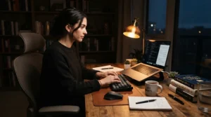 An ergonomic reclining executive chair supporting posture during a late-night work session.