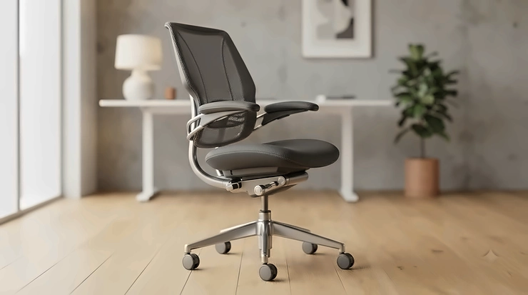 A modern task chair with adjustable arms shown from a stylish angle against a white background