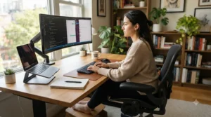Office worker sitting comfortably in a task chair with adjustable arms at a dual monitor setup