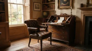 An executive chair for home office productivity paired with a mahogany bureau in a Georgian home.