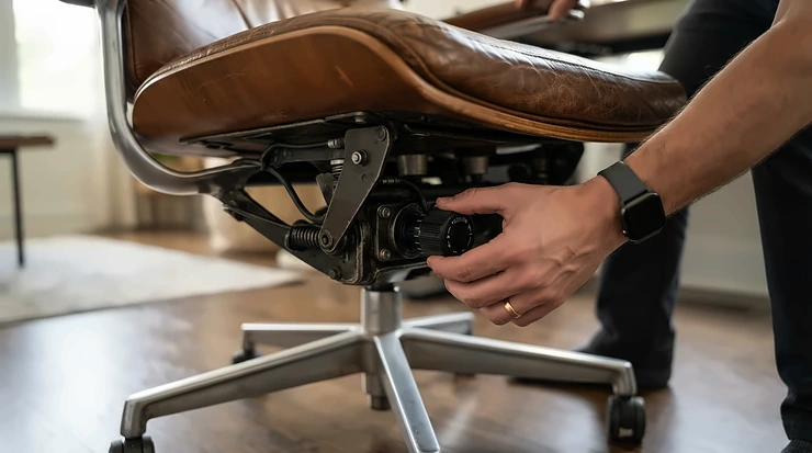 An office worker adjusting the tension knob on a reclining executive chair tilt lock.