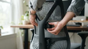 Demonstrating lumbar adjustment features in an executive chair vs ergonomic chair comparison.