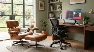 Balancing chair style vs function with an executive chair vs ergonomic chair in a home study.