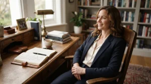 Demonstrating the smooth recline function on a plush executive chair in a classic study.