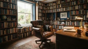 A classic executive office chair set against a backdrop of floor-to-ceiling wooden bookshelves