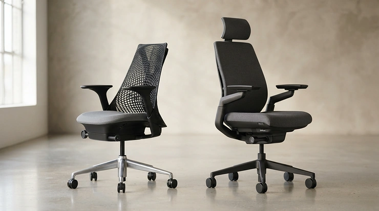 An ergonomic executive office chair displayed in a studio setting for a workplace furniture comparison