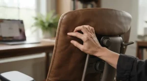 Person examining premium upholstery on an ergonomic executive office chair in a bright workspace