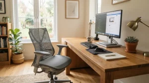 Grey mesh task chair with adjustable arms positioned beside a modern wooden desk in a home study