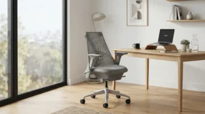 A stylish grey task chair under £100 complementing a neutral-toned home office design