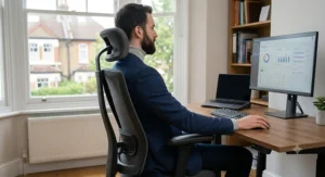 High-back executive desk chair with adjustable headrest supporting a tall man at his computer