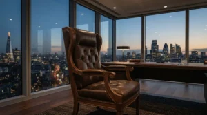 Stately high back executive chair for tall person set against a city skyline backdrop