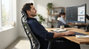 Side view highlighting the extended backrest of a high back executive chair for tall person