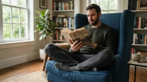 A comfortable high back executive chair for tall person inside a traditional book-lined study