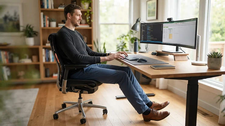A tall user enjoying ergonomic comfort in a high back executive chair for tall person