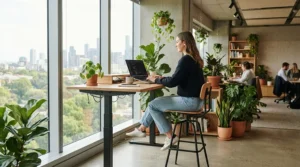 A high stool office chair positioned at a standing desk in a contemporary open-plan workplace