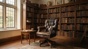 A classic leather executive chair for home office use paired with bookshelves filled with books.
