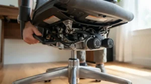 Close-up of the tilt-lock mechanism on a black leather reclining executive chair.