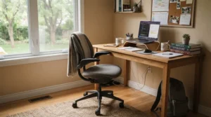 A low cost computer chair pulled up to a laptop station in a student dorm