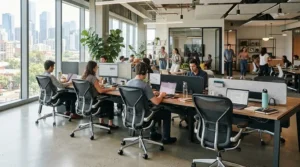 Breathable mesh back operator chair in a busy open-plan workspace