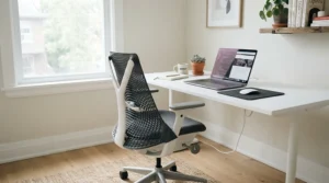 A contemporary mesh-backed reclining executive chair in a minimalist home study.