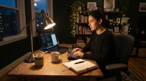Stylish task chair under £100 illuminated by a desk lamp during evening remote work