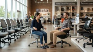 Colleagues trying out various task and operator chairs in an office showroom