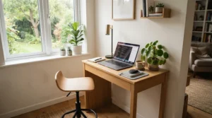 Grey operator chair for office setup in a spare room