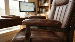 Close-up of premium upholstery on a black leather executive office chair in a traditional study