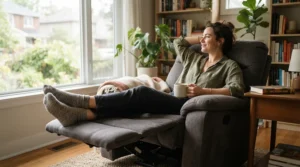 A reclining executive chair featuring a discreet footrest extended for relaxation seating.