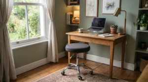 A small task chair under £100 fitting perfectly into a compact alcove workspace