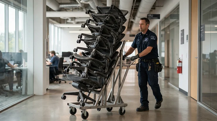 Facility staff moving a tall tower of stackable task chairs for office configuration using a wheeled trolley