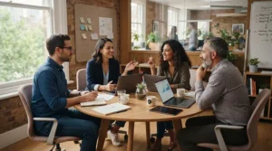 A small team brainstorming in a huddle space using stackable task chairs for office flexibility