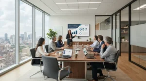 Several stackable task chairs for office use arranged neatly around a contemporary glass boardroom table