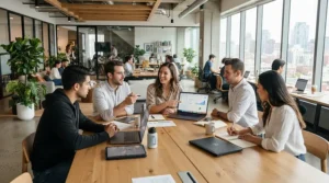 Employees collaborating around a desk using stackable task chairs for office flexibility and comfort
