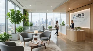 Visitors waiting in a corporate reception area furnished with stylish stackable task chairs for office seating