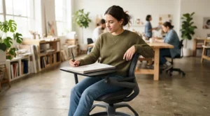 An individual attending a seminar sitting on stackable task chairs for office collaborative learning