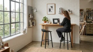 Stylish studio furniture including a sleek black draughtsman chair in a creative loft