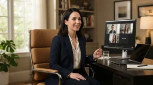 A stylish executive chair for home office presentation during an online video call.