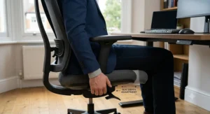 Demonstration of sliding seat depth adjustment on an ergonomic office chair for tall leg length